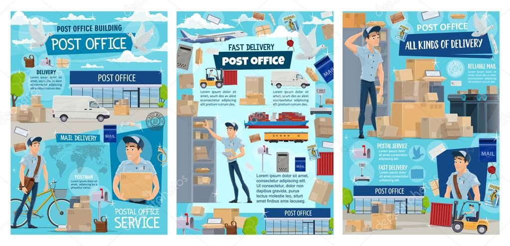 Post office, postman, mail and parcel delivery