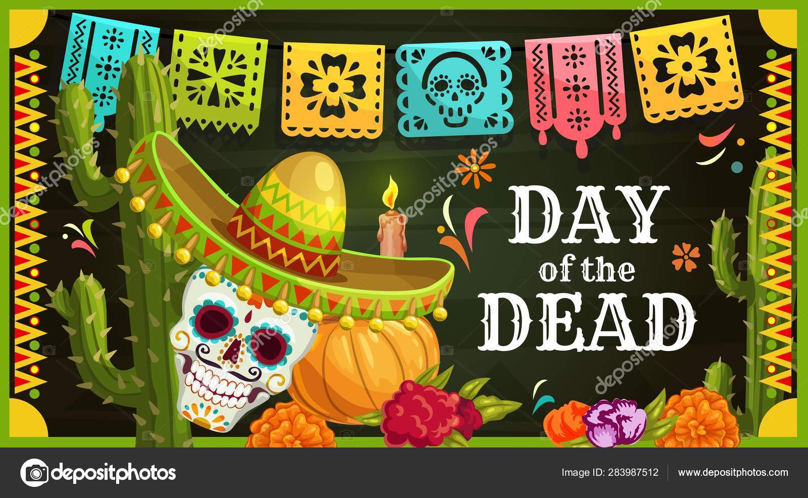 솜브레로와 멕시코 설탕 두개골. 망자의 날 스톡 벡터 - ©Seamartini 283987512, image size:1600x986