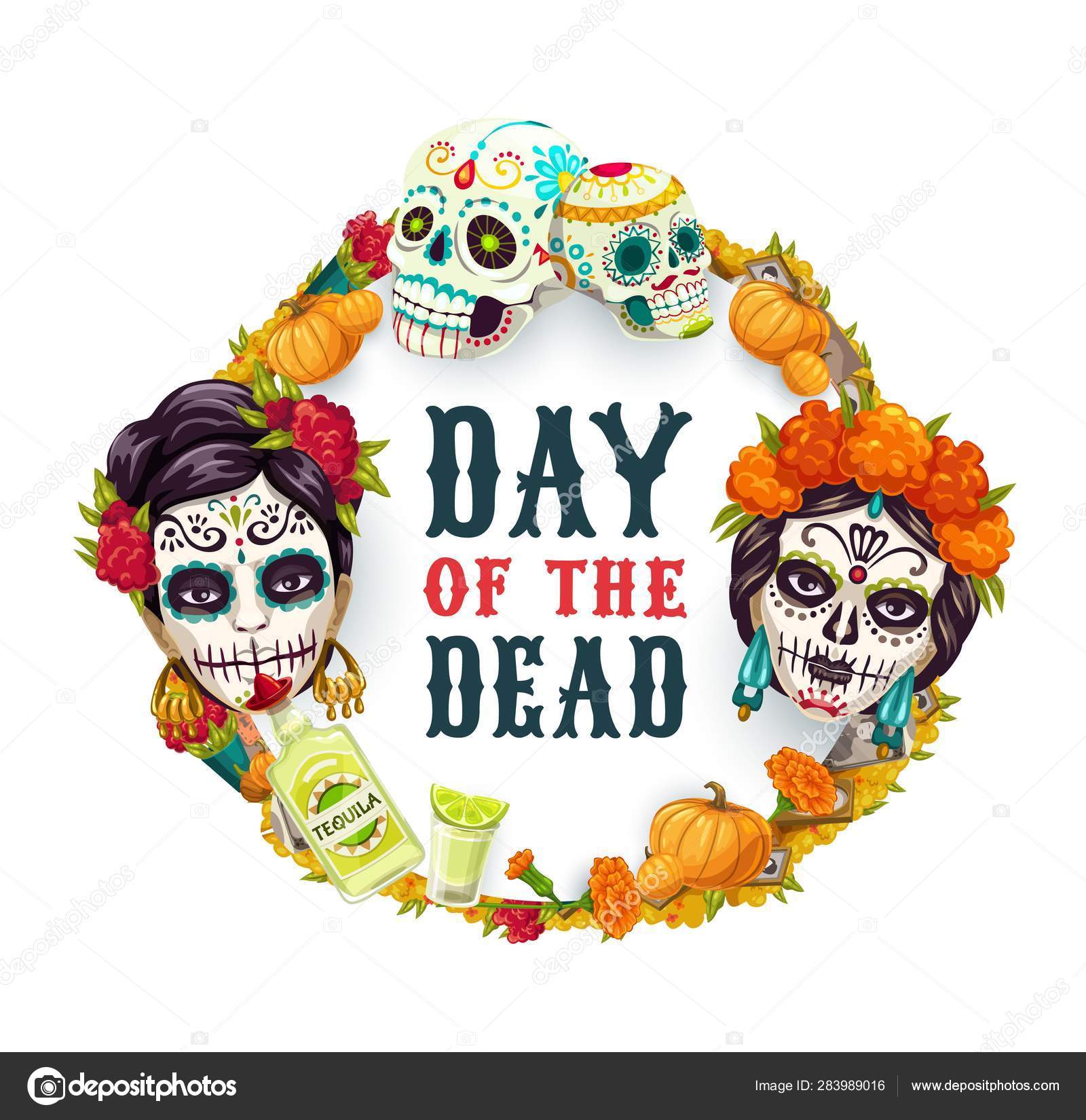 죽은 멕시코 카트리나 칼라베라 여자 두개골의 날 스톡 벡터 - ©VectorTradition 283989016, image size:1600x1650