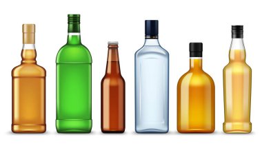 Glass bottles, alcohol drinks 3d mockups clipart