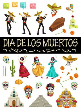 Dia de los Muertos Mexican holiday fiesta symbols clipart