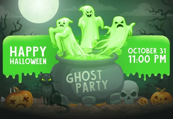 Halloween szellemek, tök, koponya, macska a temetőben — Stock Vector