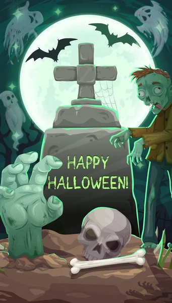 Cmentarz w nocy Halloween, nagrobna i zombie — Wektor stockowy