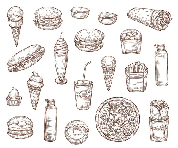 Restauration rapide repas et collations, menu croquis — Image vectorielle