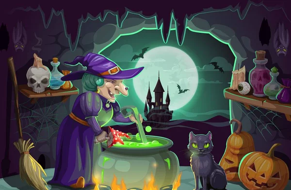 Sorcière d'Halloween avec potion et chaudron — Image vectorielle