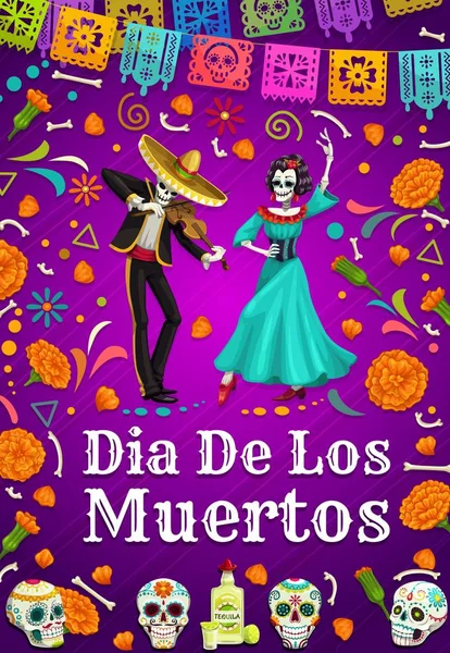 Day of Dead in Mexico, dancing woman man skeletons — Stock Vector