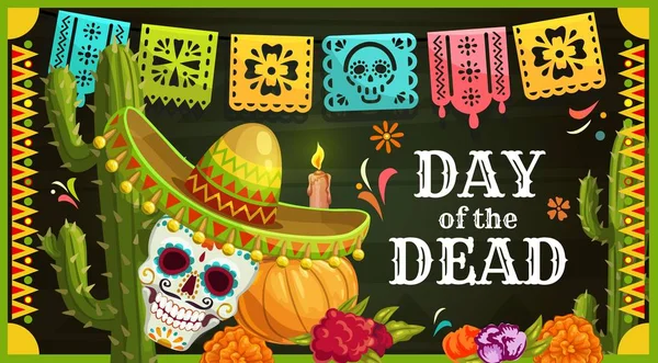 Cráneo de azúcar mexicano con sombrero. Día de los Muertos — Archivo Imágenes Vectoriales