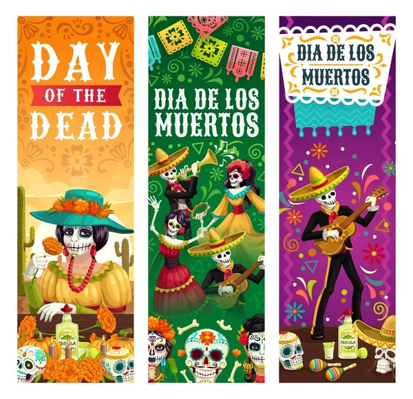 Dia de los Muertos, esqueletos cráneos fiesta — Vector de stock