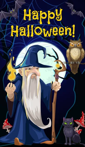 Halloween Wizard trollkarl och häxa svart katt — Stock vektor