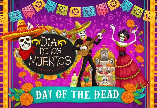 Mexican Dia de los Muertos, skeletons dancing — 스톡 벡터