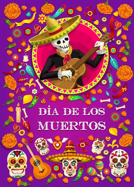 Dia de los Muertos skeleton with Mexican guitar — Stock Vector