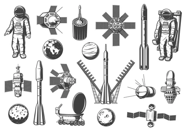 Roket mekik simgeleri, astronomi ve uzay — Stok Vektör