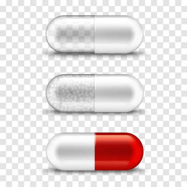 Pilule capsule, 3d réaliste rouge et transparent — Image vectorielle