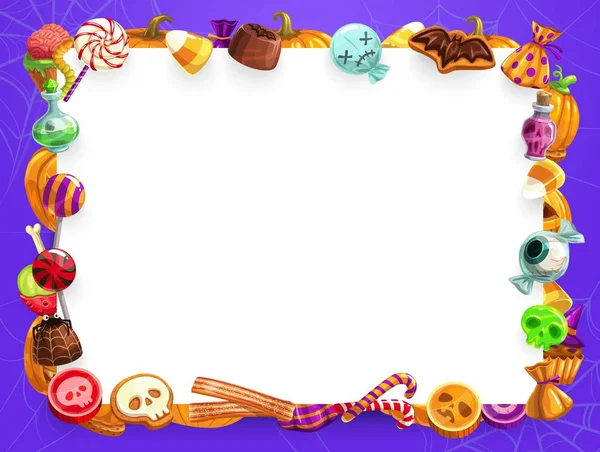 Bonbons d'Halloween, bonbons et cadre de citrouille — Image vectorielle