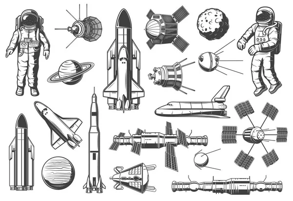 Astronomia e espaço exterior, foguetes vaivéns ícones — Vetor de Stock