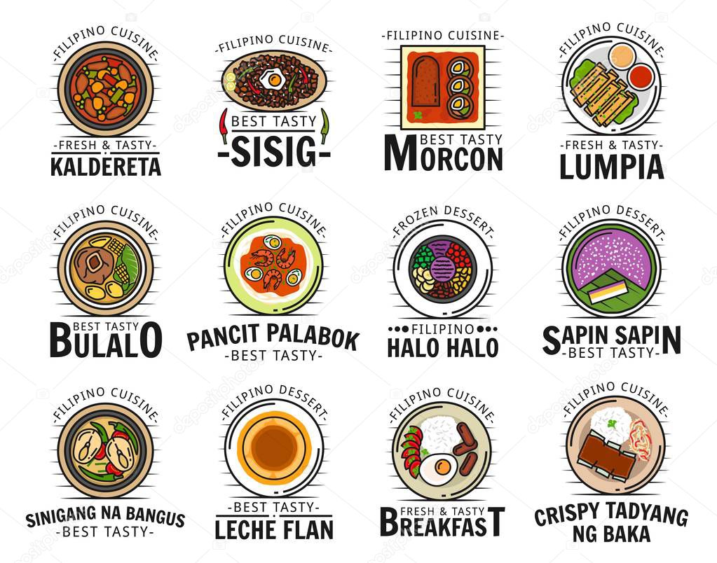 Filipino cuisine food isolated logos. Vector kaldereta and sisig, morcon lumpia, bulalo and pancit palabok, halo sapin, sinigang na bangus, leche flan, crispy tadyang bake meat dishes, pastry dessert