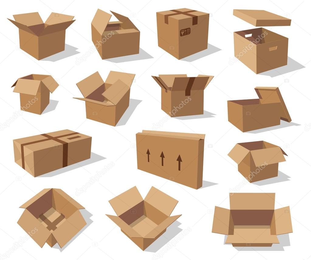 Empty carton boxes, vector cardboard packaging