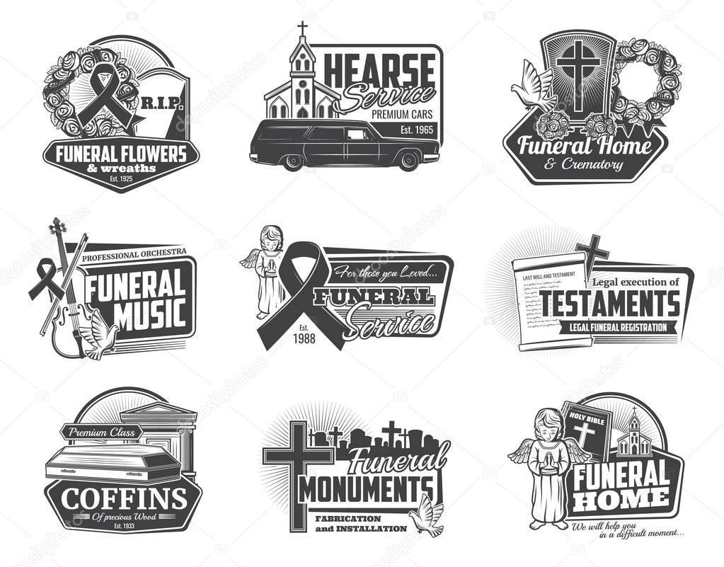Funeral ceremony and hearse services isolated monochrome logos. Vector burial flowers and wreaths, crematory and orchestra music, testaments and coffins. Installation of monuments, church and angel