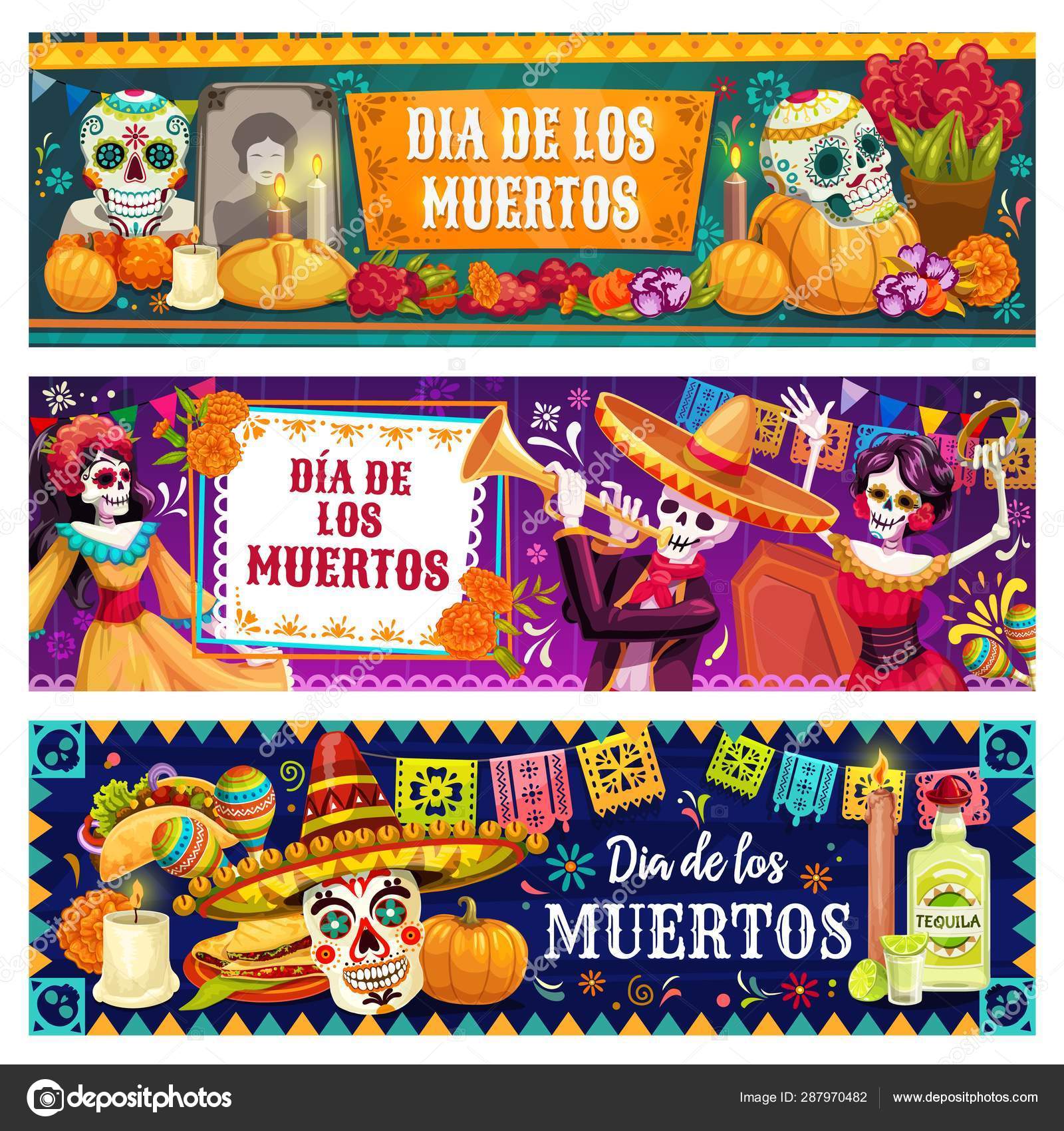Mexican Day of Dead altar, sugar skulls, skeletons Stock Vector Image by  ©Seamartini #287970482