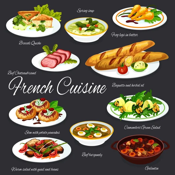 Pratos franceses de carne e verduras com baguete — Vetor de Stock