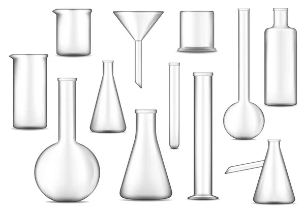 Tubos de ensayo, frascos y vasos de precipitados. Vidrio de laboratorio Checimal — Vector de stock