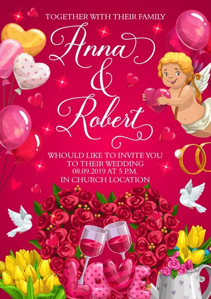 Cérémonie de mariage invitation, Cupidon et Coeurs — Image vectorielle