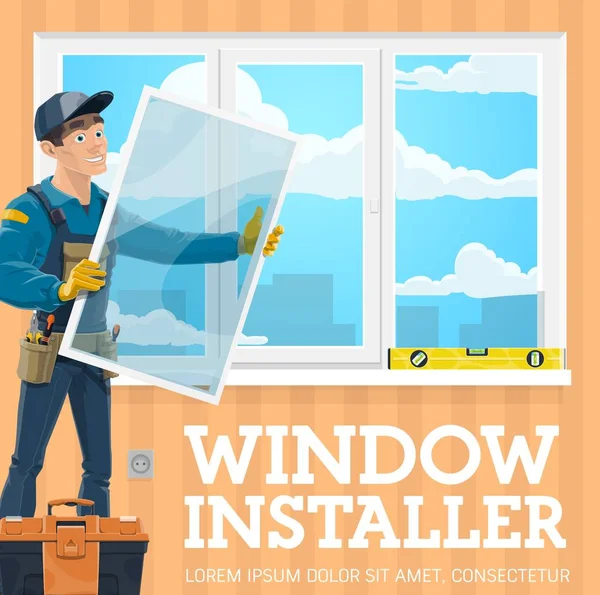 Instalação de janela. Instalador, kit de ferramentas, nível — Vetor de Stock