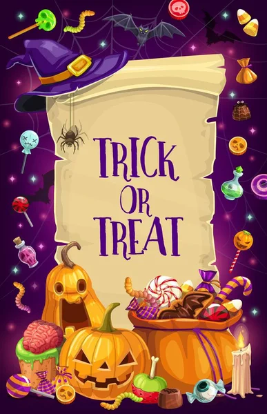 Dulces de Halloween, calabazas, murciélagos. Truco o trato — Vector de stock