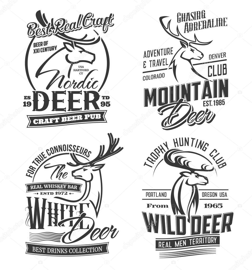 Hunting club, pub bar isolated logo elk deer