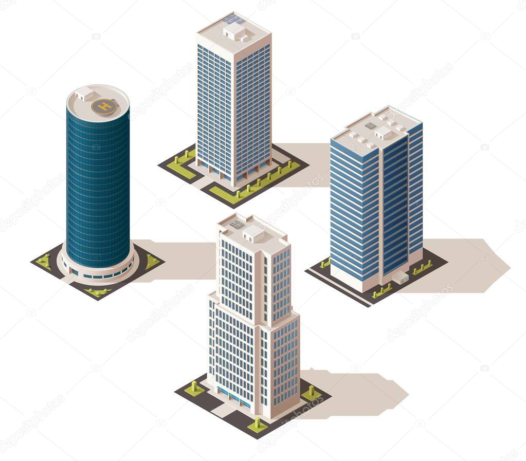 Real estate isolated buildings in 3D isometric design. Vector business centers and office constructions, modern city hotel or hospital. Fashionable houses, multi-storey skyscrapers, high towers