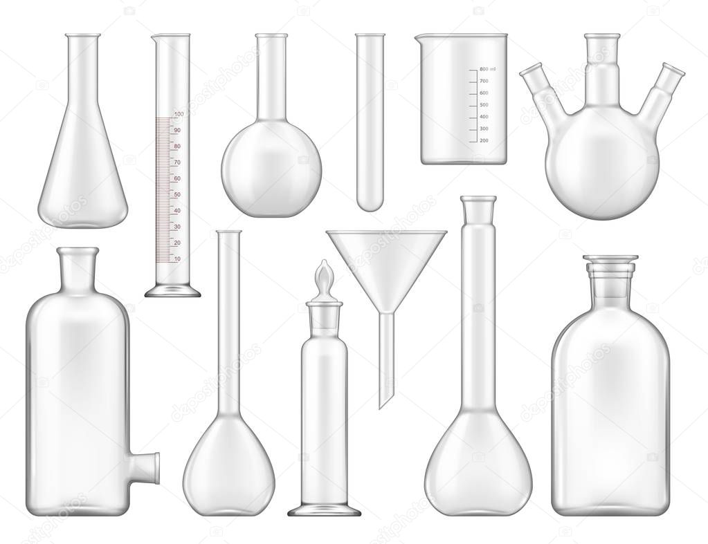 Beakers, test tubes and chemical flasks isolated