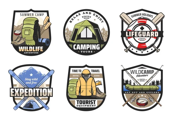 Tente de camping, bottes de randonnée, bateau de pêche, sacs à dos — Image vectorielle