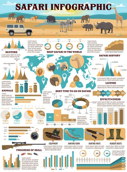 Safari Jagd Infografik, Jäger, Tiere, Waffen — Stockvektor