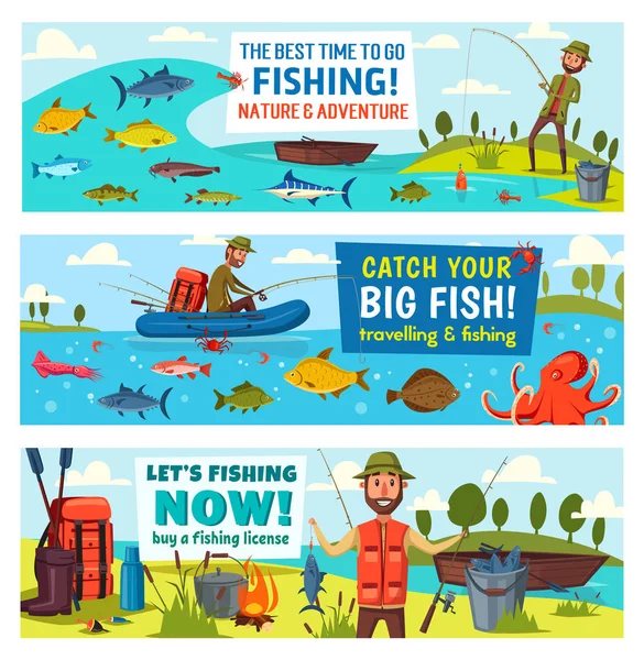 Ψαράς, ψάρι, καλάμι ψαρέματος, σκάφος και εξοπλισμός — Διανυσματικό Αρχείο
