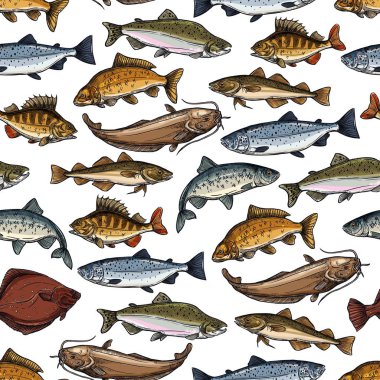 Sea fish, ocean seafood, marine animals pattern clipart