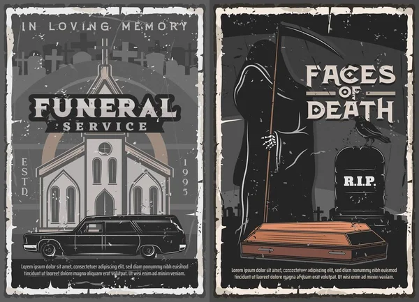 葬儀の棺、墓地、死と教会 — ストックベクタ