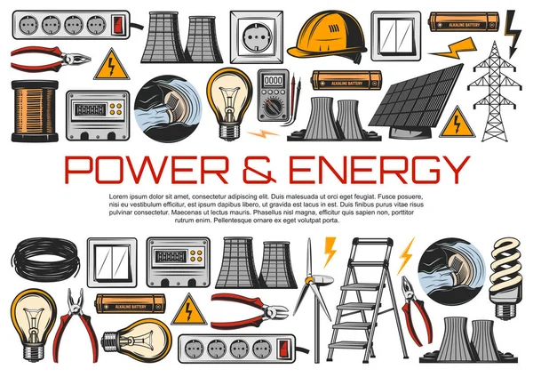 Cable de alimentación eléctrica, medidor de energía, bombillas — Vector de stock