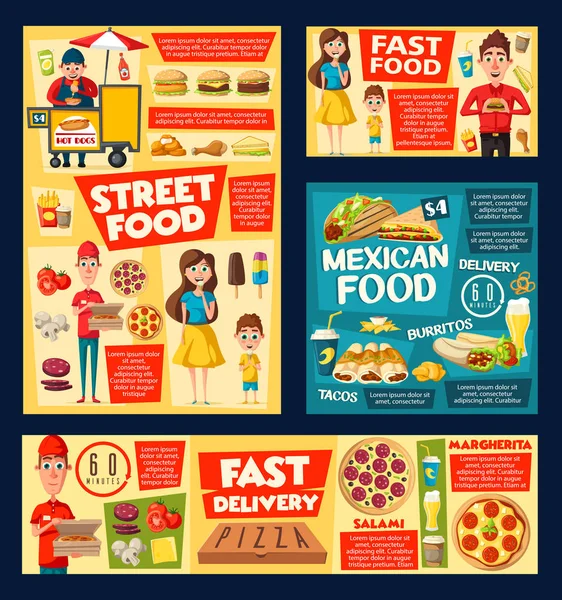 Fastfood hamburger, pizza, hotdog, soda, ijs — Stockvector