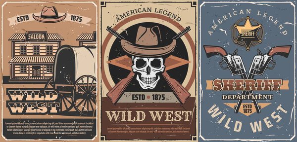 Wild West cowboy skull, sheriff guns, star, saloon