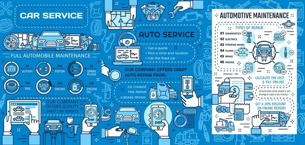 Servicio de reparación de automóviles, neumáticos de rueda de coche, aceite de motor — Vector de stock