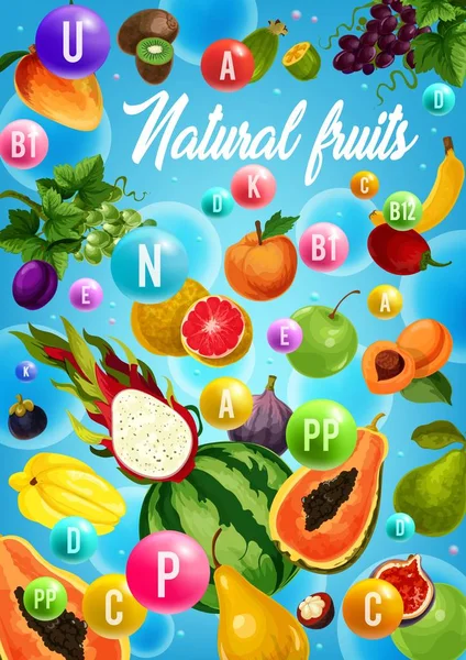 Frutas y bayas tropicales vitaminas. Alimento saludable — Vector de stock
