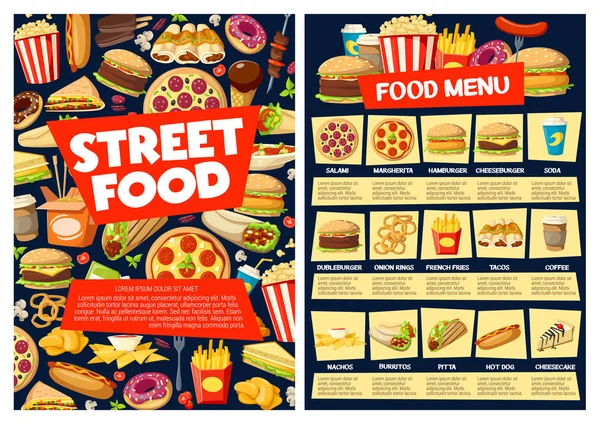 Fast food maaltijd menu met Hamburger, pizza, drankjes — Stockvector