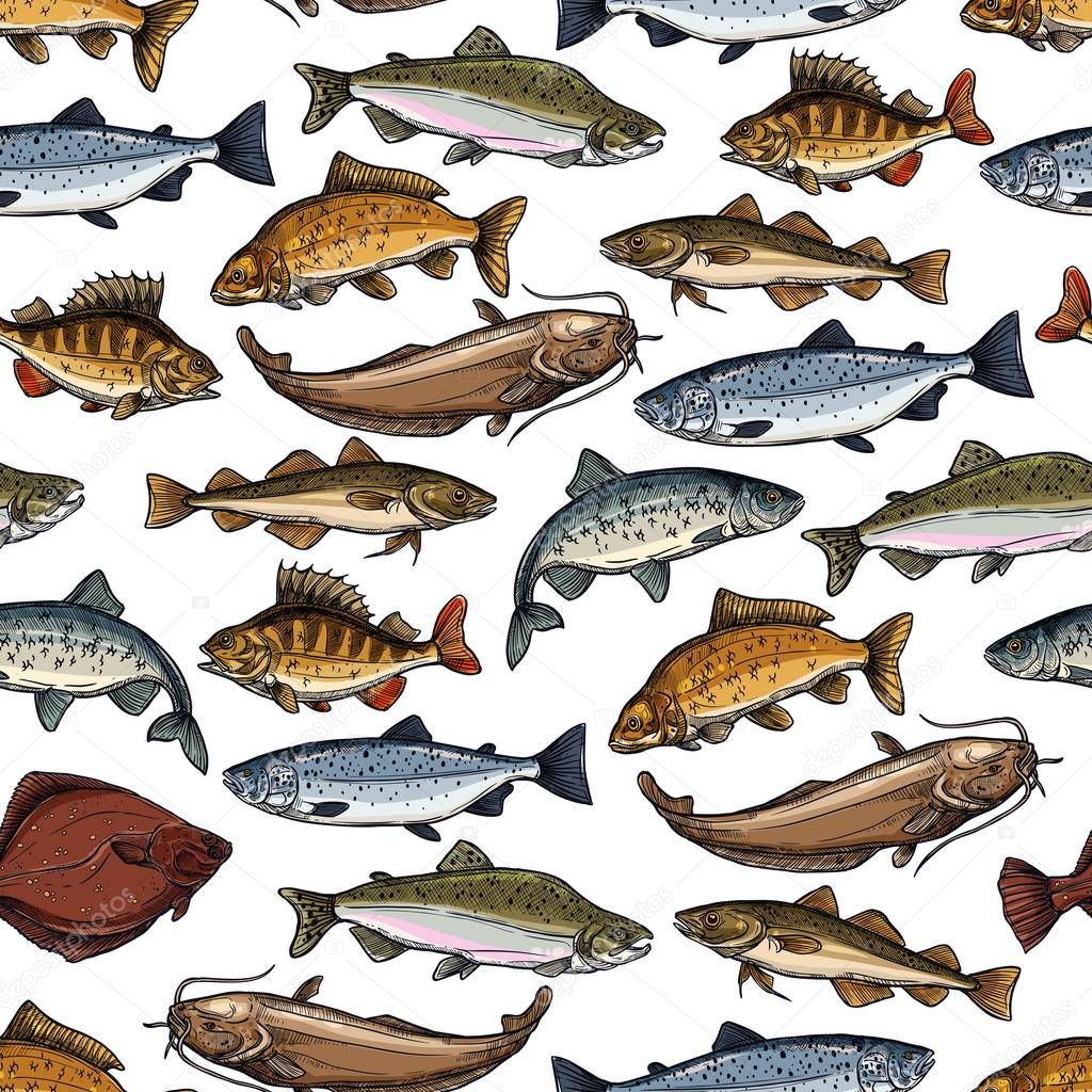 Sea fish, ocean seafood, marine animals pattern