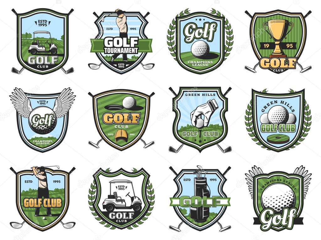 Golf sport club shield badges of vector golfer players on course with balls, clubs and tee, winner trophy cups, golf cart and holes, uniform cap and glove. Sporting tournament and competition design
