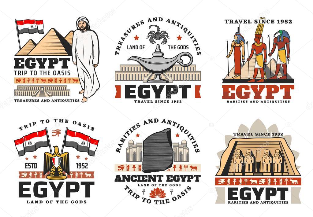 Egypt vector icons with ancient travel landmarks. Egyptian pharaoh pyramids of Giza, eye of Horus, Anubis and Ankh gods, Cairo mosque and Abu Simbel temple with flag and heraldic eagle of Egypt