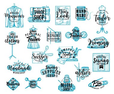 Terzi dükkanı dikiş makinesi, iğne ve makas