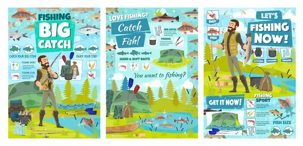 Pesca, equipo deportivo de pesca y captura de peces — Vector de stock