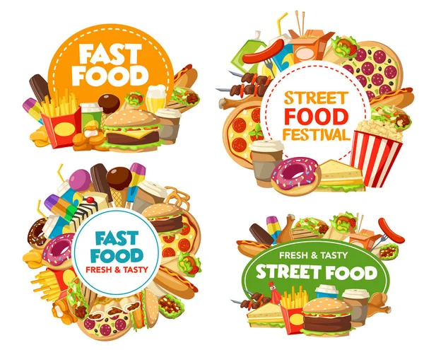 Iconos de comida rápida de pizza, hamburguesa, refrescos, papas fritas — Vector de stock