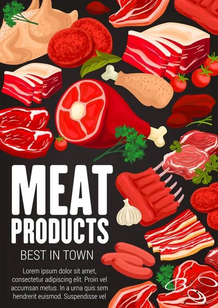 Embutidos de carne, carne de res y cerdo, especias y hierbas — Archivo Imágenes Vectoriales