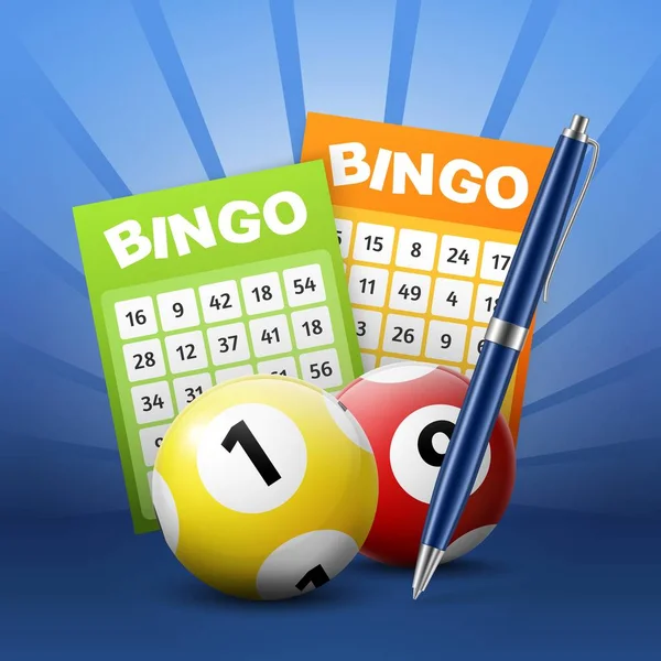 Bola lotere Bingo dan tiket dengan angka, pena - Stok Vektor
